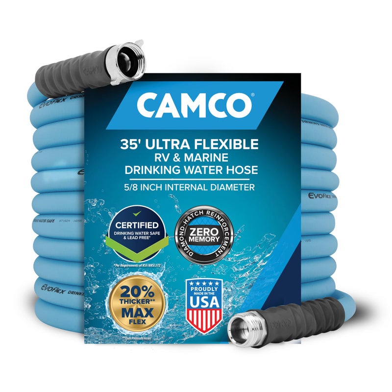 Camco EVOFlex 35-Ft RV Drinking Water Hose - Features Extra Flexible Design w/Stainless Steel Strain Relief Ends - Lead-Free, BPA-Free and Phthalate-Free - 5/8â€ Inside Diameter (22595) - Image 1